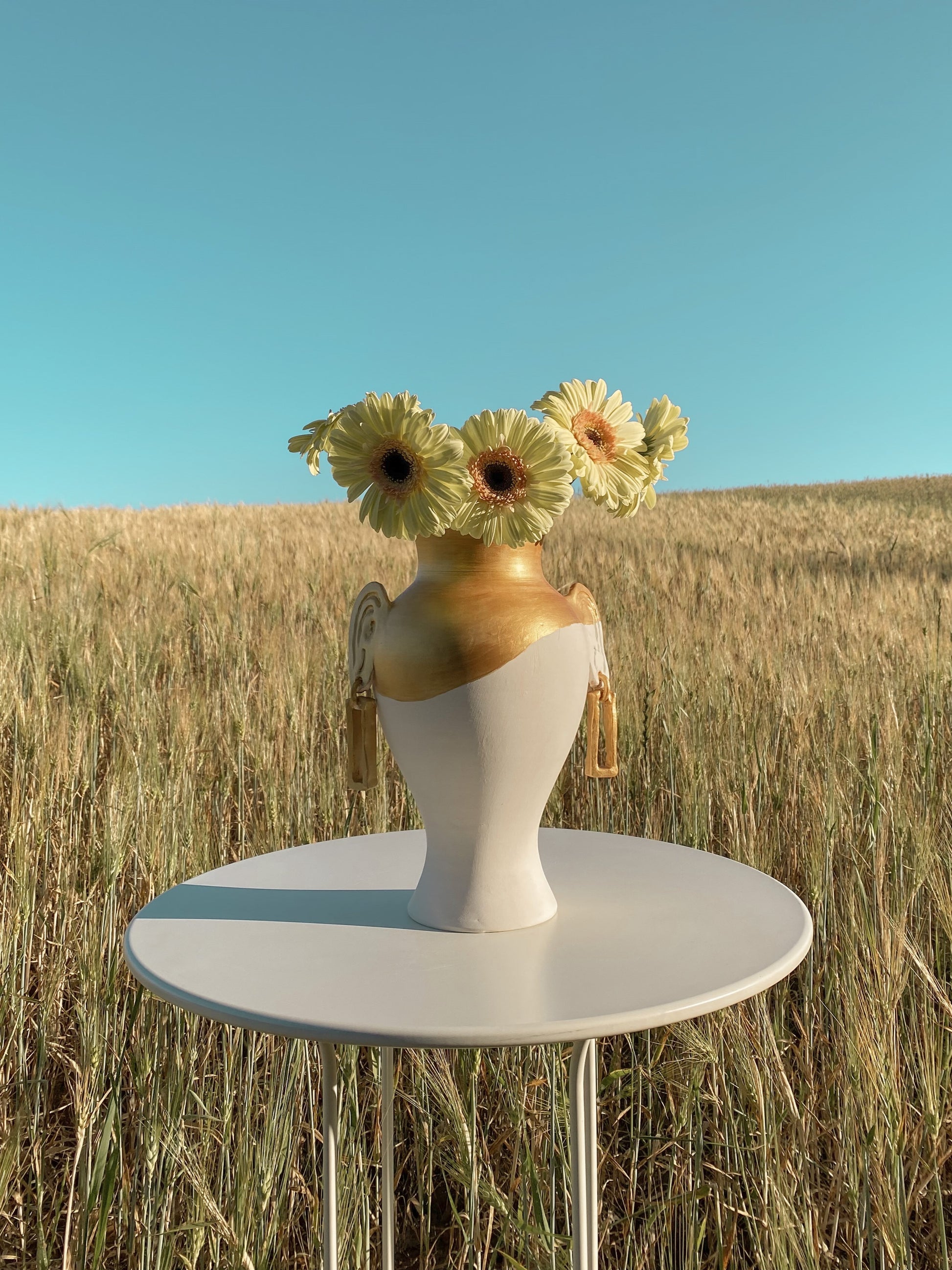 moroccan unique handcrafted ceramic flower ear & earrings vase in white and gold with ceramic coating glaze