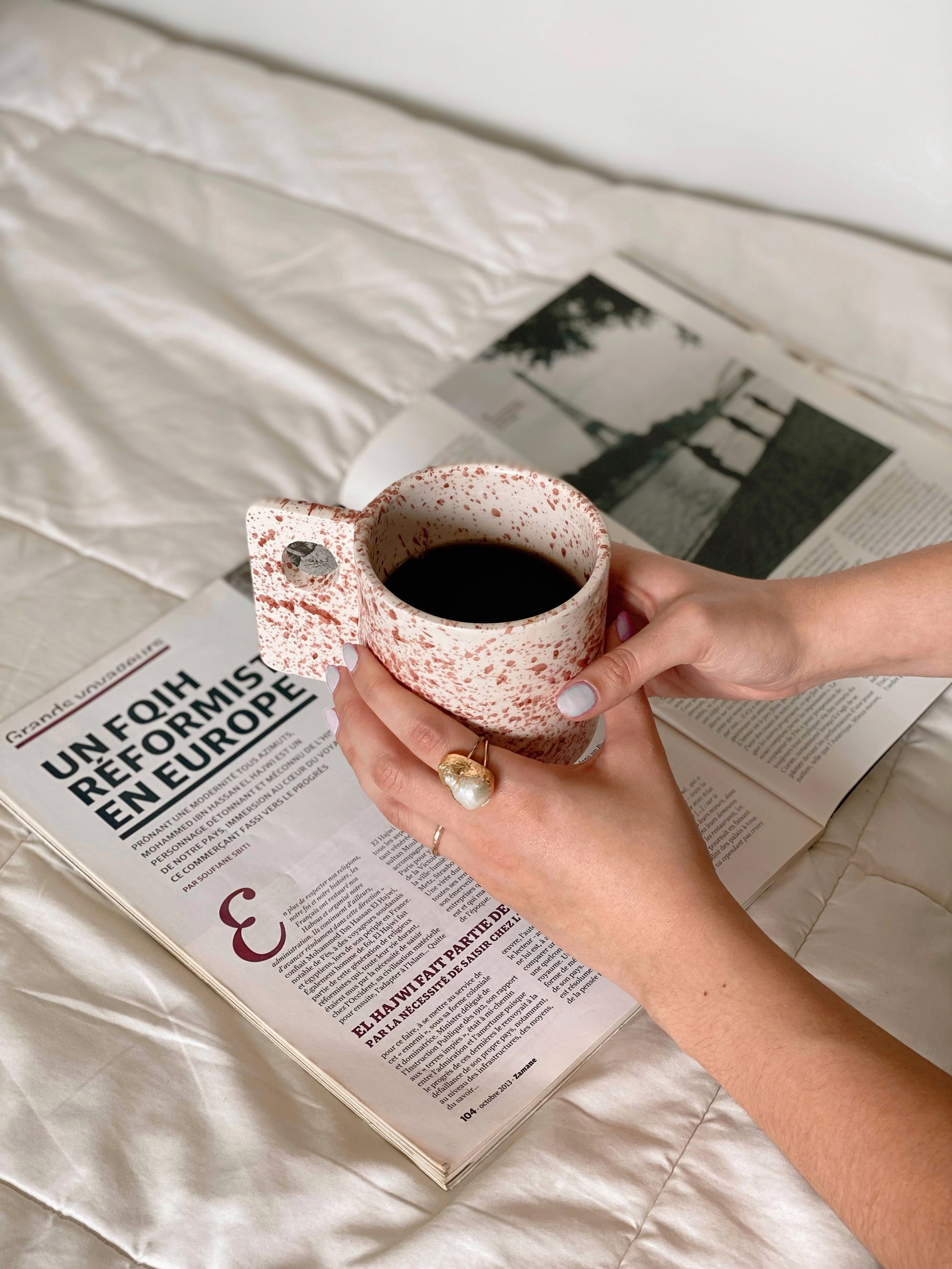 unique moroccan handmade ceramic splash coffee mug in white with ceramic coating glaze