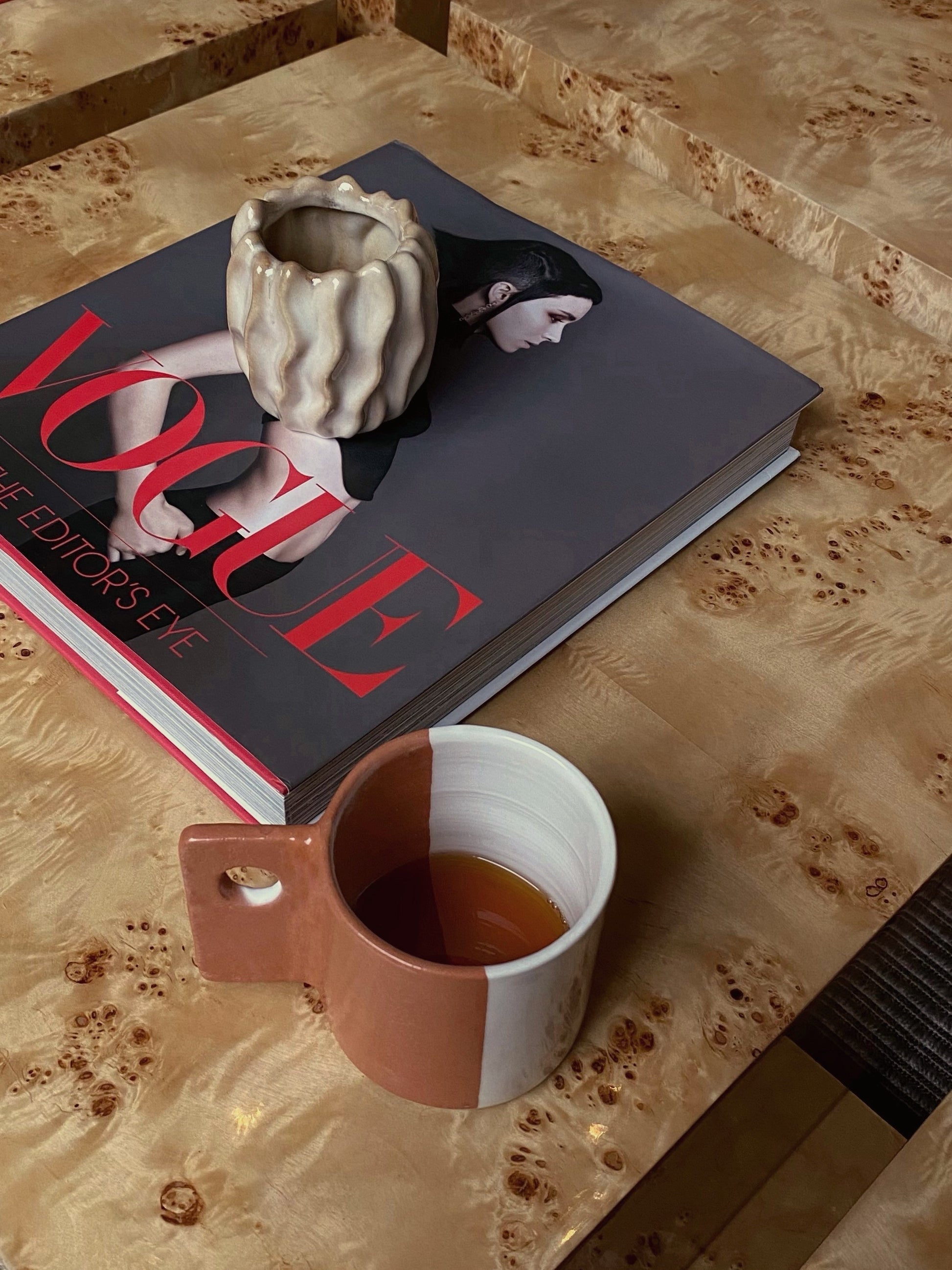 unique moroccan handmade ceramic coffee mug in white & terracotta with ceramic coating glaze