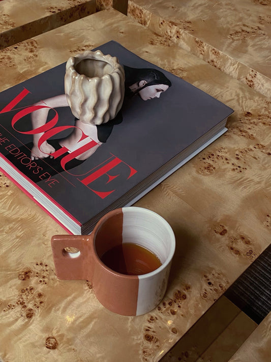 unique moroccan handmade ceramic coffee mug in white & terracotta with ceramic coating glaze