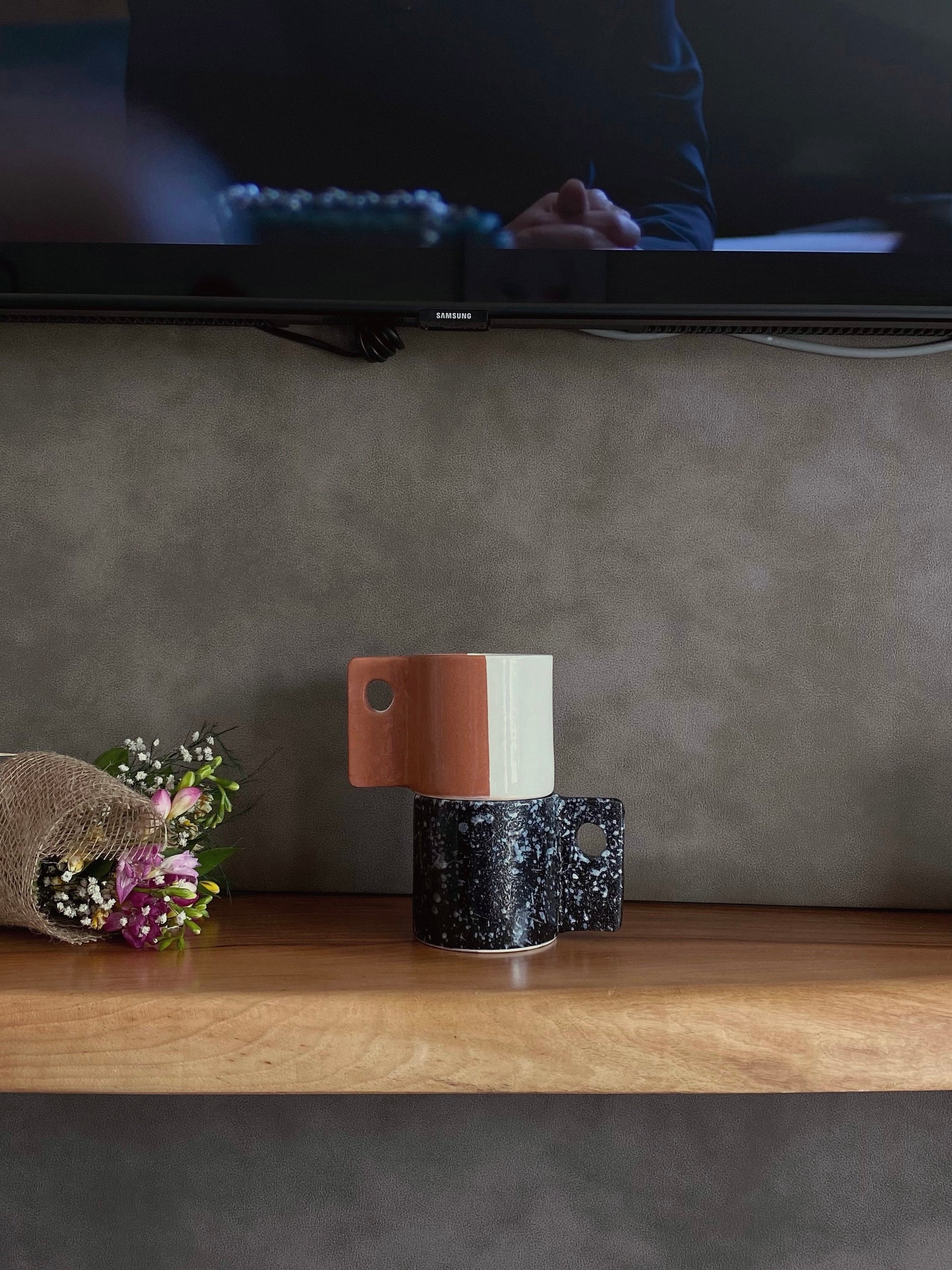 unique moroccan handmade ceramic splash coffee mug in black with ceramic coating glaze